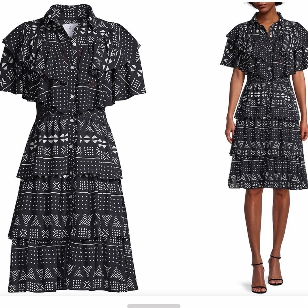Saks Fifth Avenue Black and White Printed Ruffle Midi Dress